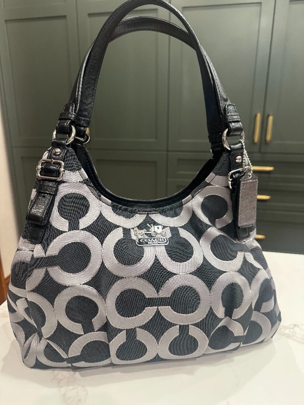 COACH Vintage Y2K Madison OP Art Sateen Maggie Shoulder Bag Purse Navy/Silver